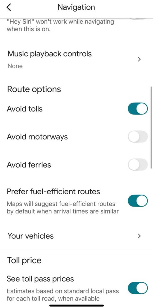 Avoid tolls in Google Maps