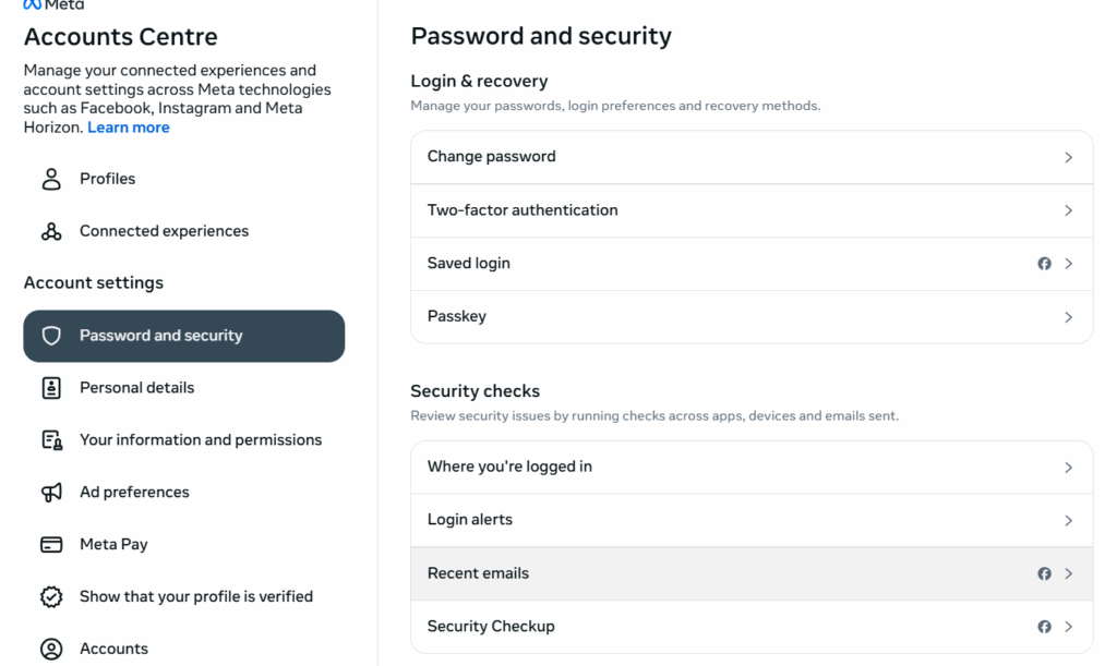 check your facebook account safety using Recent emails 