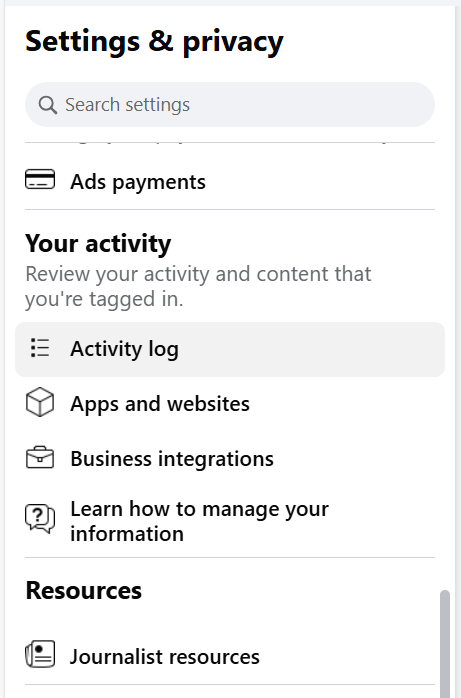 Activity log for Facebook 